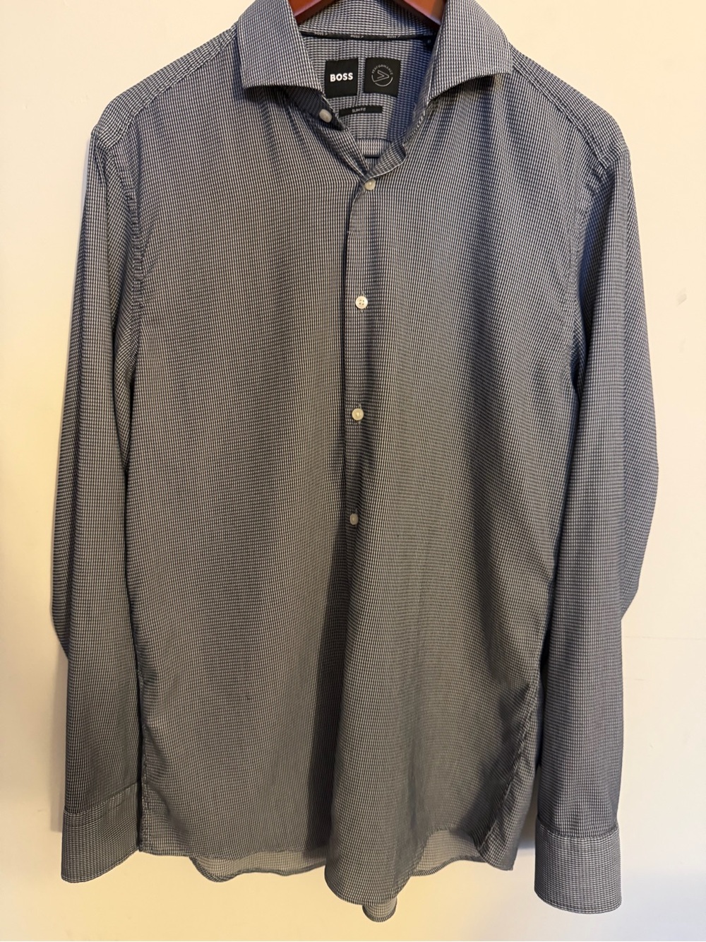 BOSS Men's Blue Micro-Check Dress Shirt